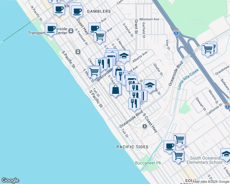 map of restaurants, bars, coffee shops, grocery stores, and more near 307 West Street in Oceanside