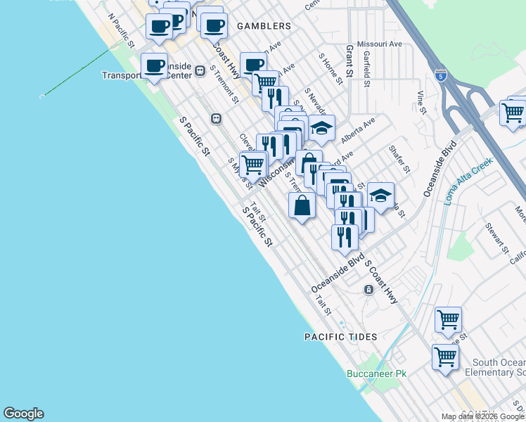 map of restaurants, bars, coffee shops, grocery stores, and more near 828 South Tait Street in Oceanside