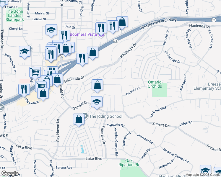 map of restaurants, bars, coffee shops, grocery stores, and more near 1863 Sunset Drive in Vista