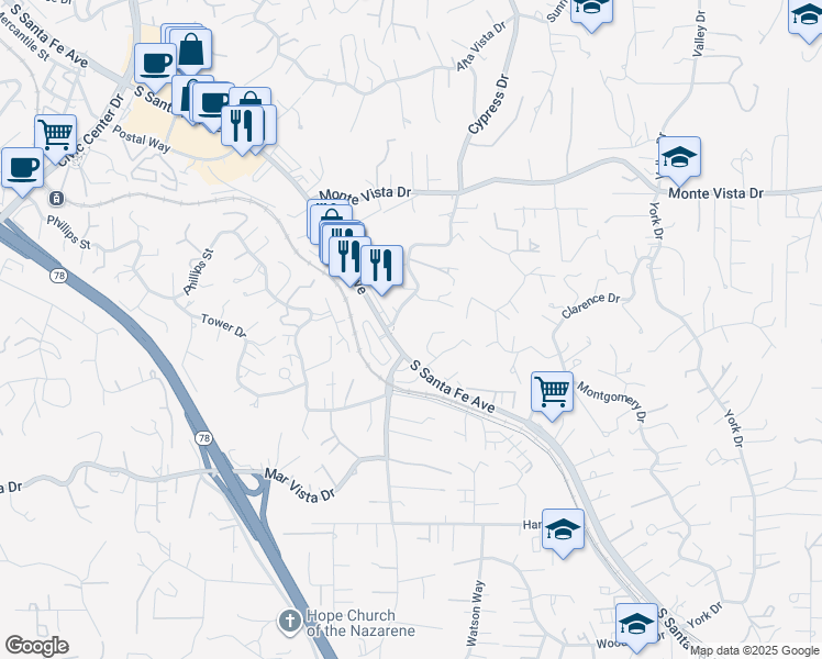 map of restaurants, bars, coffee shops, grocery stores, and more near 1351 South Santa Fe Avenue in Vista