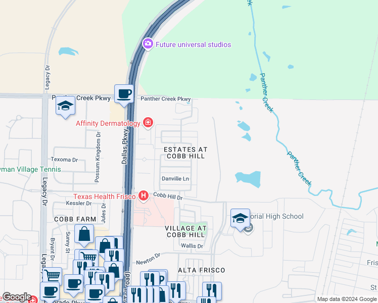 map of restaurants, bars, coffee shops, grocery stores, and more near 5886 Noble Oak Lane in Frisco