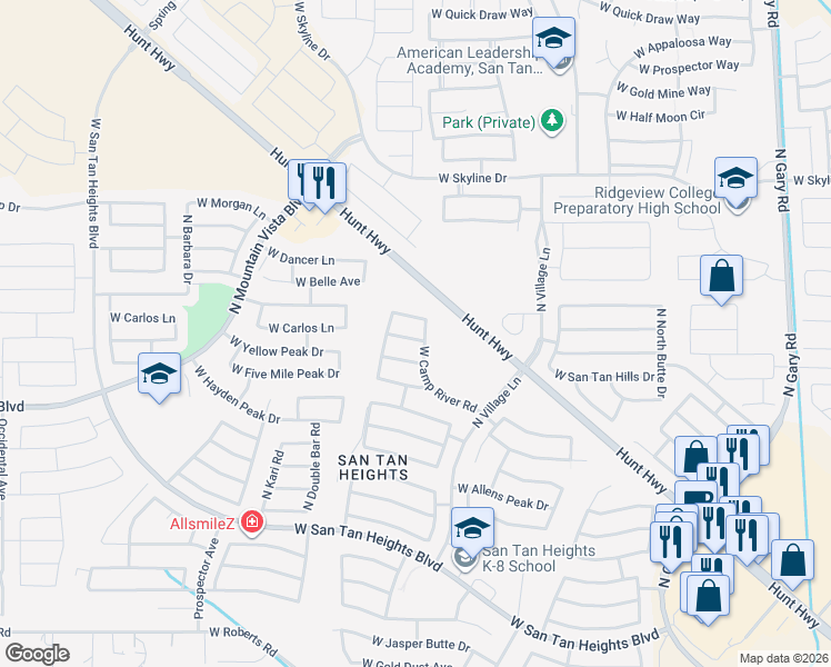 map of restaurants, bars, coffee shops, grocery stores, and more near 2768 West San Carlos Lane in Queen Creek