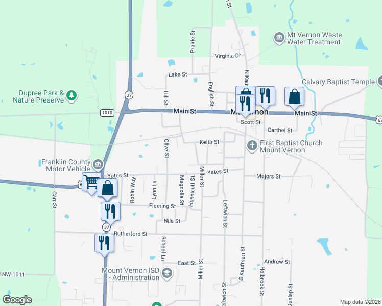 map of restaurants, bars, coffee shops, grocery stores, and more near 206 Miller Street in Mount Vernon