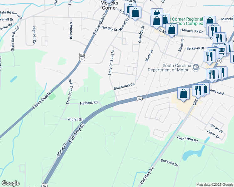 map of restaurants, bars, coffee shops, grocery stores, and more near 344 State Road S-8-978 in Moncks Corner
