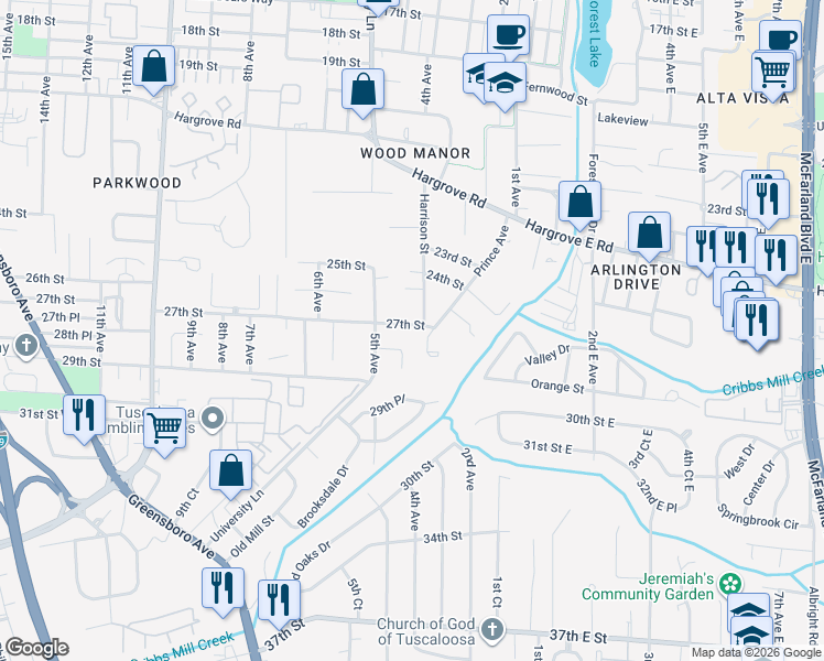 map of restaurants, bars, coffee shops, grocery stores, and more near 415 27th Street in Tuscaloosa