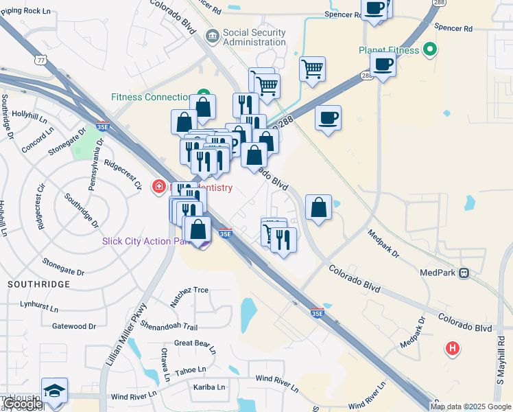map of restaurants, bars, coffee shops, grocery stores, and more near 2411 South Interstate 35 in Denton