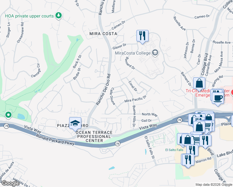 map of restaurants, bars, coffee shops, grocery stores, and more near 3585 Nina St in Oceanside