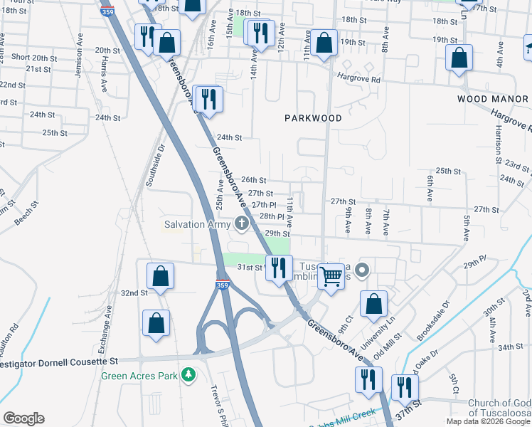 map of restaurants, bars, coffee shops, grocery stores, and more near 1126 28th Place in Tuscaloosa