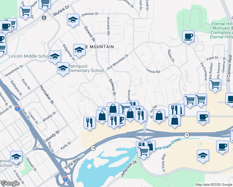 map of restaurants, bars, coffee shops, grocery stores, and more near 1854 Downs Street in Oceanside