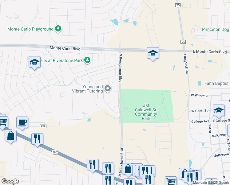 map of restaurants, bars, coffee shops, grocery stores, and more near 1103 Mercury Drive in Princeton