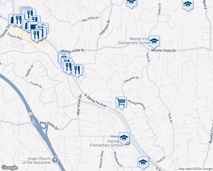 map of restaurants, bars, coffee shops, grocery stores, and more near 1254 Barbara Drive in Vista