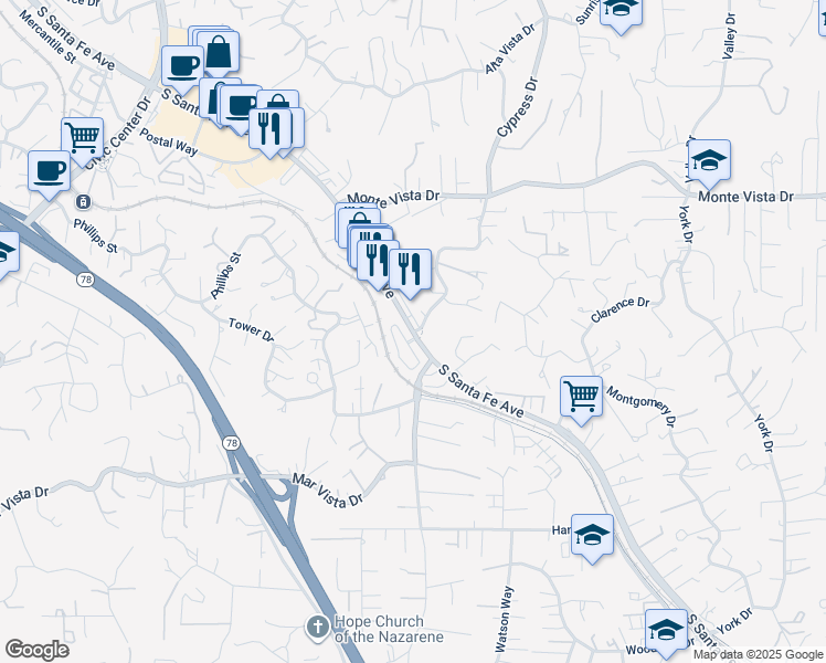 map of restaurants, bars, coffee shops, grocery stores, and more near 1351 South Santa Fe Avenue in Vista