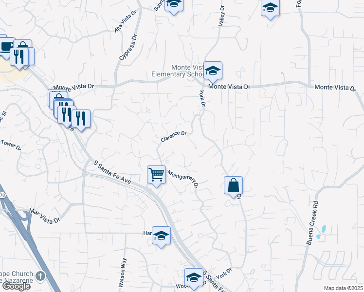 map of restaurants, bars, coffee shops, grocery stores, and more near 1356 Clarence Drive in Vista