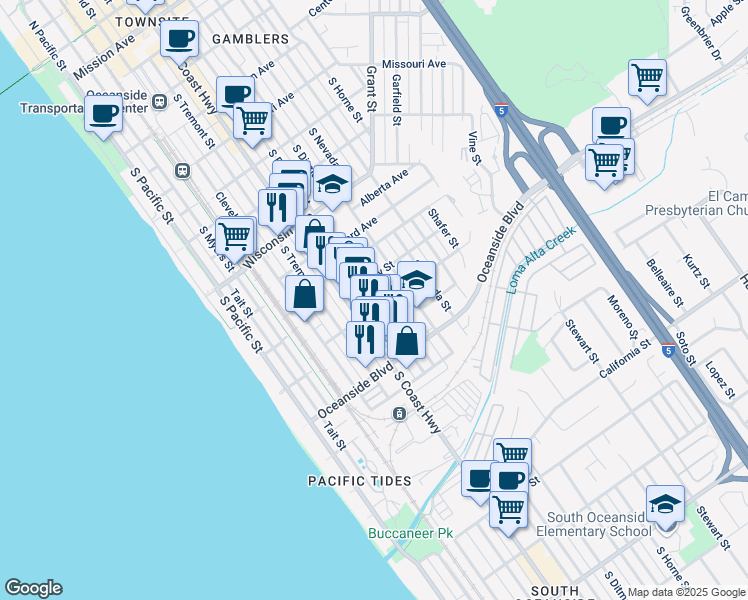 map of restaurants, bars, coffee shops, grocery stores, and more near 1034 South Coast Highway in Oceanside