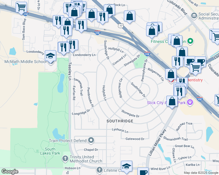 map of restaurants, bars, coffee shops, grocery stores, and more near 2009 Hollyhill Lane in Denton