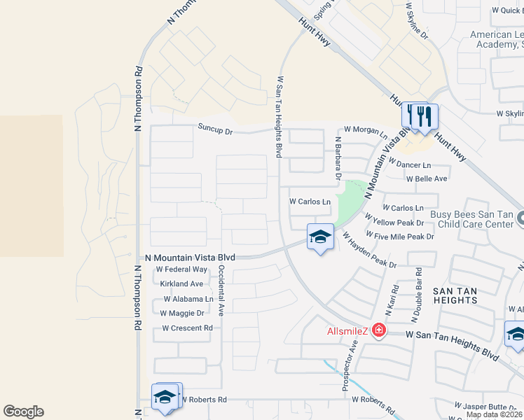 map of restaurants, bars, coffee shops, grocery stores, and more near 4486 West Feather Plume Drive in San Tan Valley