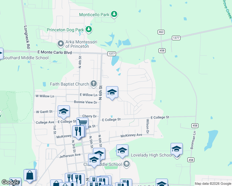 map of restaurants, bars, coffee shops, grocery stores, and more near 803 Princeton Heights Boulevard in Princeton