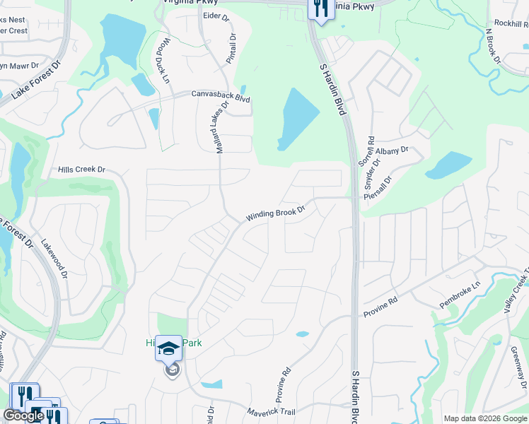 map of restaurants, bars, coffee shops, grocery stores, and more near 1550 Winding Brook Drive in McKinney