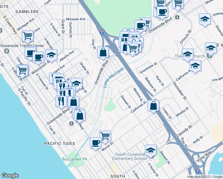 map of restaurants, bars, coffee shops, grocery stores, and more near 296 Club Lane in Oceanside
