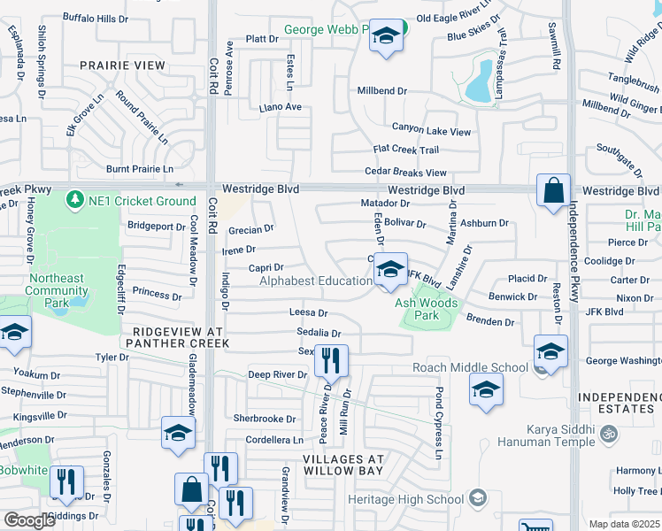 map of restaurants, bars, coffee shops, grocery stores, and more near 2136 Malone Drive in McKinney