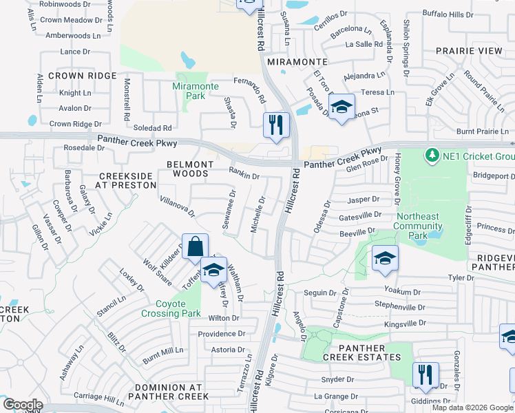 map of restaurants, bars, coffee shops, grocery stores, and more near 13114 Ambrose Drive in Frisco