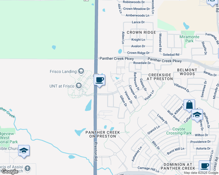map of restaurants, bars, coffee shops, grocery stores, and more near 13050 Prelude Drive in Frisco