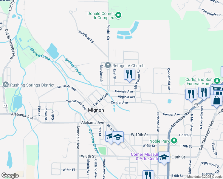 map of restaurants, bars, coffee shops, grocery stores, and more near 38 Twin Street in Sylacauga