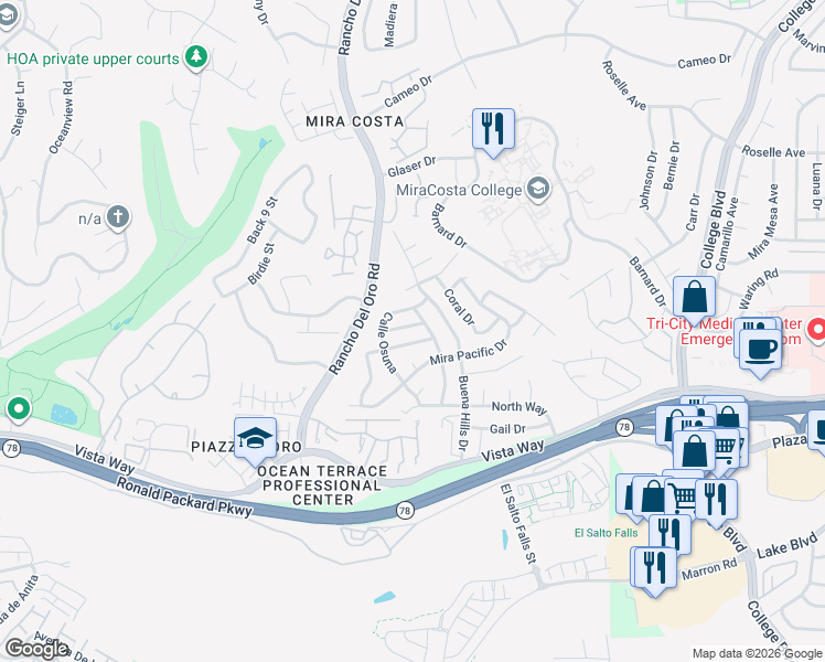 map of restaurants, bars, coffee shops, grocery stores, and more near 3585 Nina Street in Oceanside