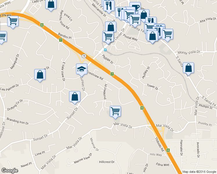 map of restaurants, bars, coffee shops, grocery stores, and more near 1018 Prospect Place in Vista