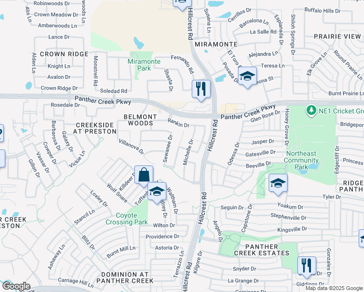 map of restaurants, bars, coffee shops, grocery stores, and more near 13114 Ambrose Drive in Frisco