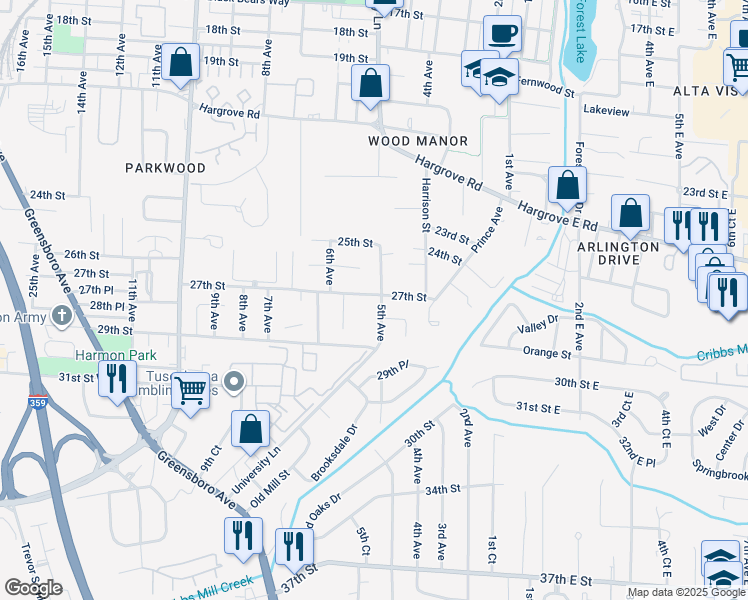 map of restaurants, bars, coffee shops, grocery stores, and more near 533 27th Street in Tuscaloosa