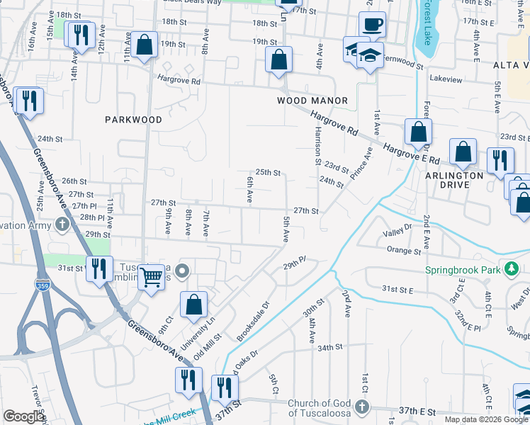 map of restaurants, bars, coffee shops, grocery stores, and more near 2705 Prince Circle in Tuscaloosa