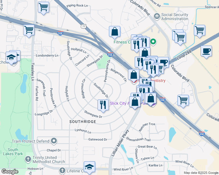 map of restaurants, bars, coffee shops, grocery stores, and more near 104 Ridgecrest Circle in Denton
