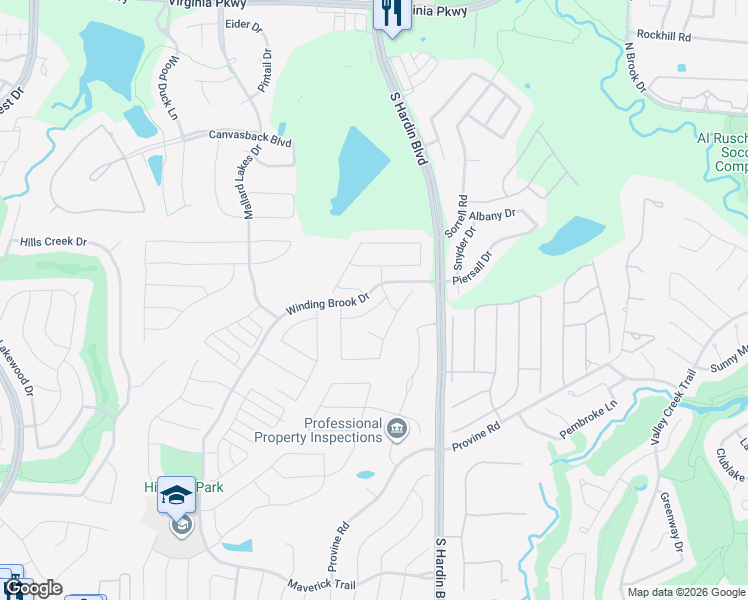 map of restaurants, bars, coffee shops, grocery stores, and more near 3504 Braewood Drive in McKinney