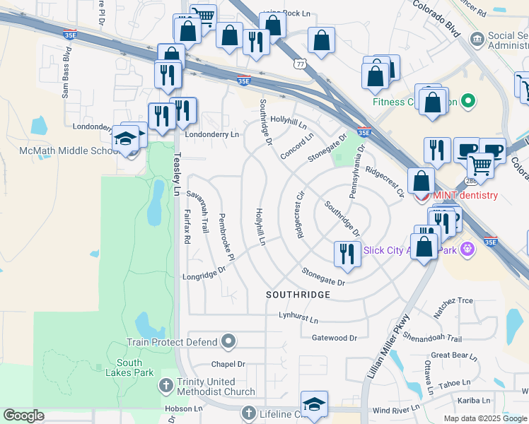 map of restaurants, bars, coffee shops, grocery stores, and more near 2009 Hollyhill Lane in Denton
