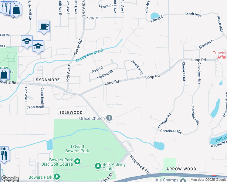map of restaurants, bars, coffee shops, grocery stores, and more near 114 East Glen Iris in Tuscaloosa