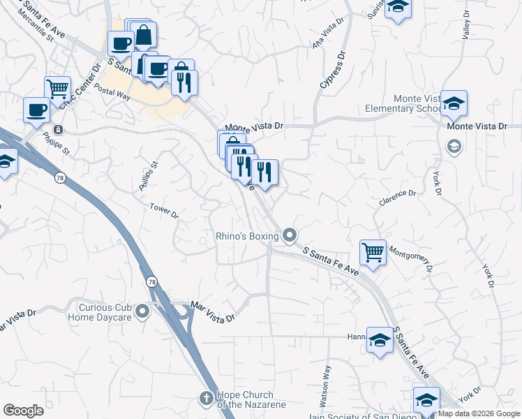 map of restaurants, bars, coffee shops, grocery stores, and more near 1338 Mesquite Drive in Vista
