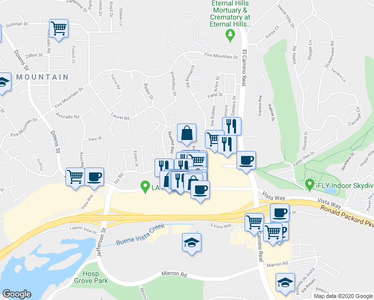 map of restaurants, bars, coffee shops, grocery stores, and more near 2527 Woodlands Way in Oceanside