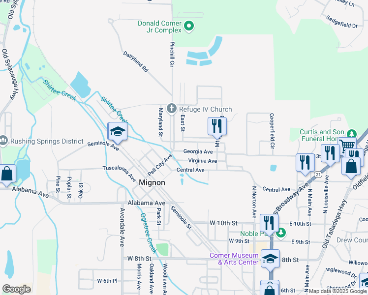 map of restaurants, bars, coffee shops, grocery stores, and more near 38 Twin Street in Sylacauga