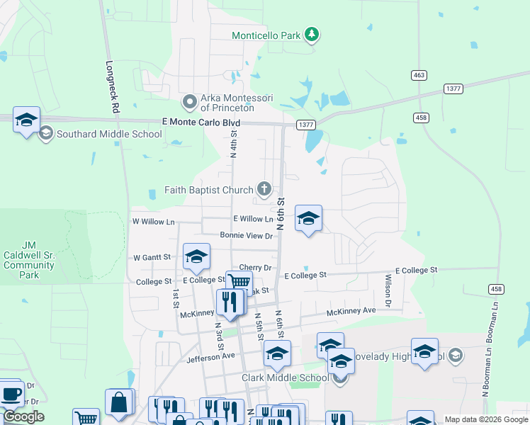 map of restaurants, bars, coffee shops, grocery stores, and more near 1210 North 6th Street in Princeton