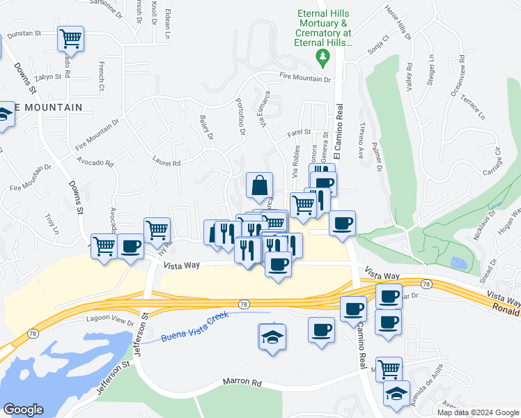 map of restaurants, bars, coffee shops, grocery stores, and more near 2209 Via Blanca in Oceanside