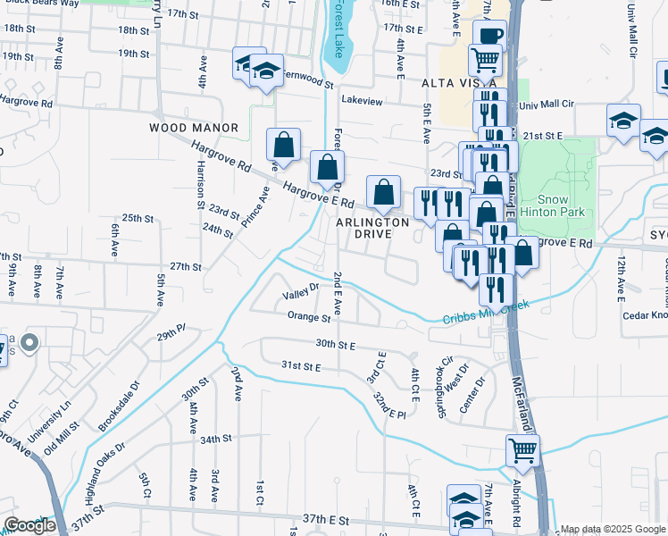 map of restaurants, bars, coffee shops, grocery stores, and more near 2824 2nd Avenue East in Tuscaloosa