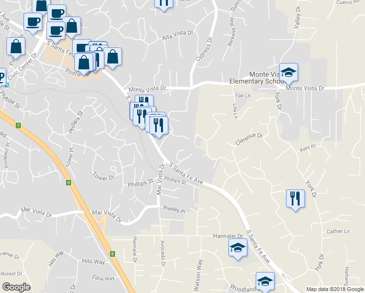 map of restaurants, bars, coffee shops, grocery stores, and more near 1303 Morning Glory Lane in Vista