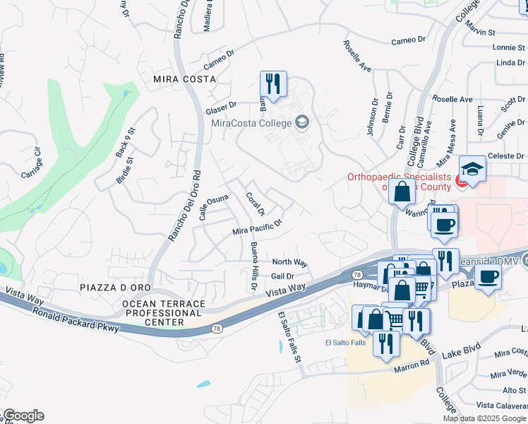 map of restaurants, bars, coffee shops, grocery stores, and more near 3218 Coral Drive in Oceanside