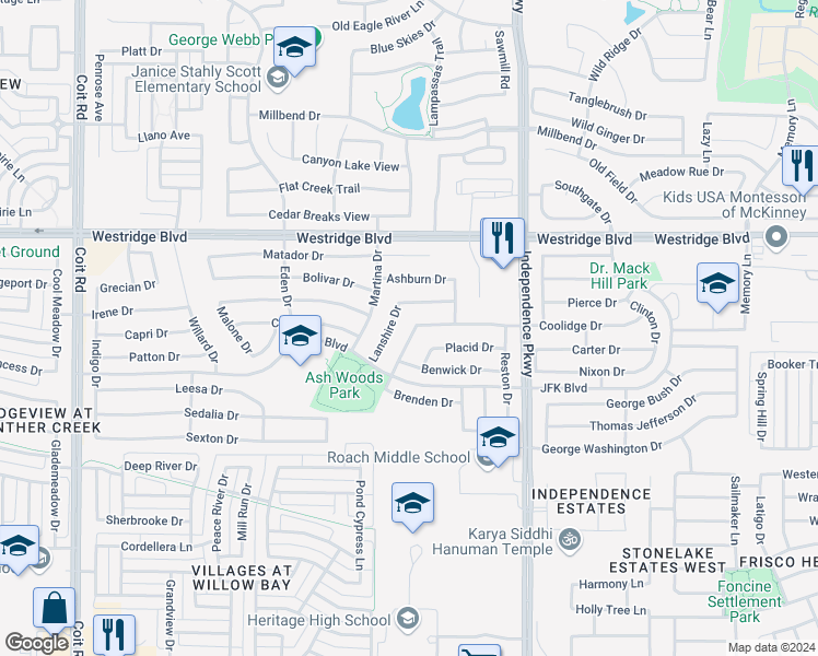 map of restaurants, bars, coffee shops, grocery stores, and more near 1908 Hopkins Drive in McKinney
