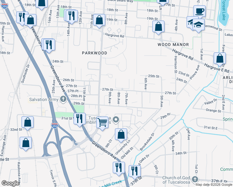 map of restaurants, bars, coffee shops, grocery stores, and more near 2712 8th Avenue in Tuscaloosa