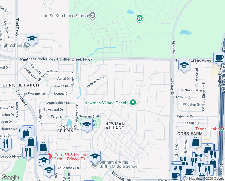 map of restaurants, bars, coffee shops, grocery stores, and more near 12981 Terlingua Creek Drive in Frisco