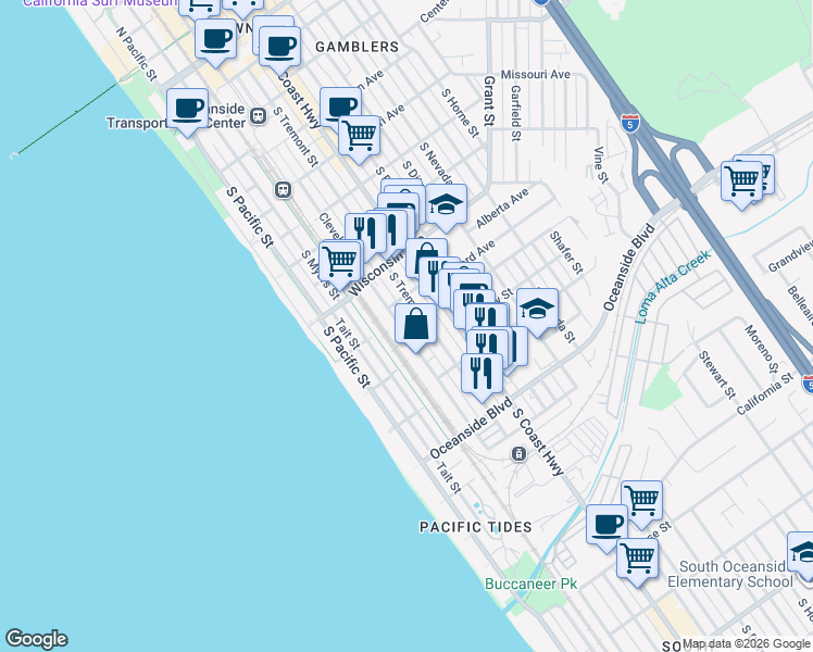 map of restaurants, bars, coffee shops, grocery stores, and more near 302 West Street in Oceanside