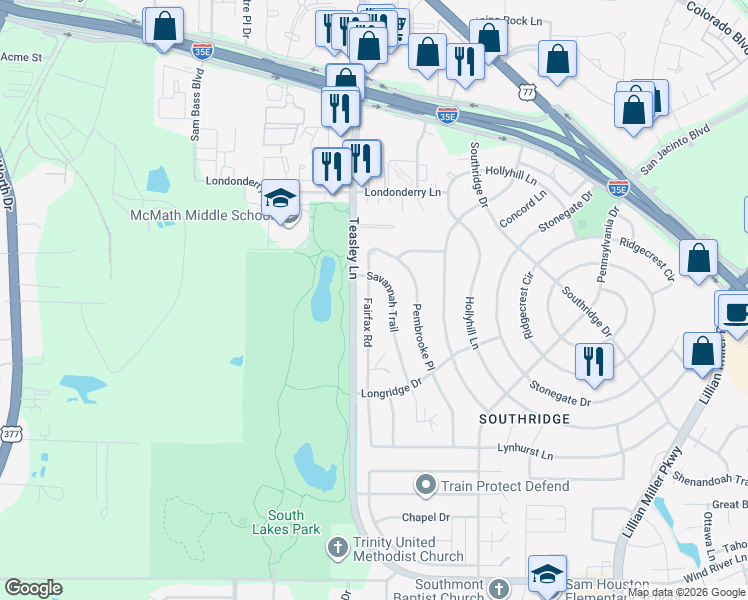 map of restaurants, bars, coffee shops, grocery stores, and more near 2109 Fairfax Road in Denton