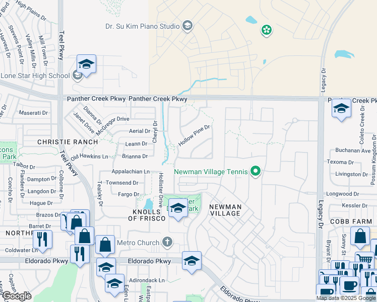 map of restaurants, bars, coffee shops, grocery stores, and more near 3544 Spruce Hills Street in Frisco